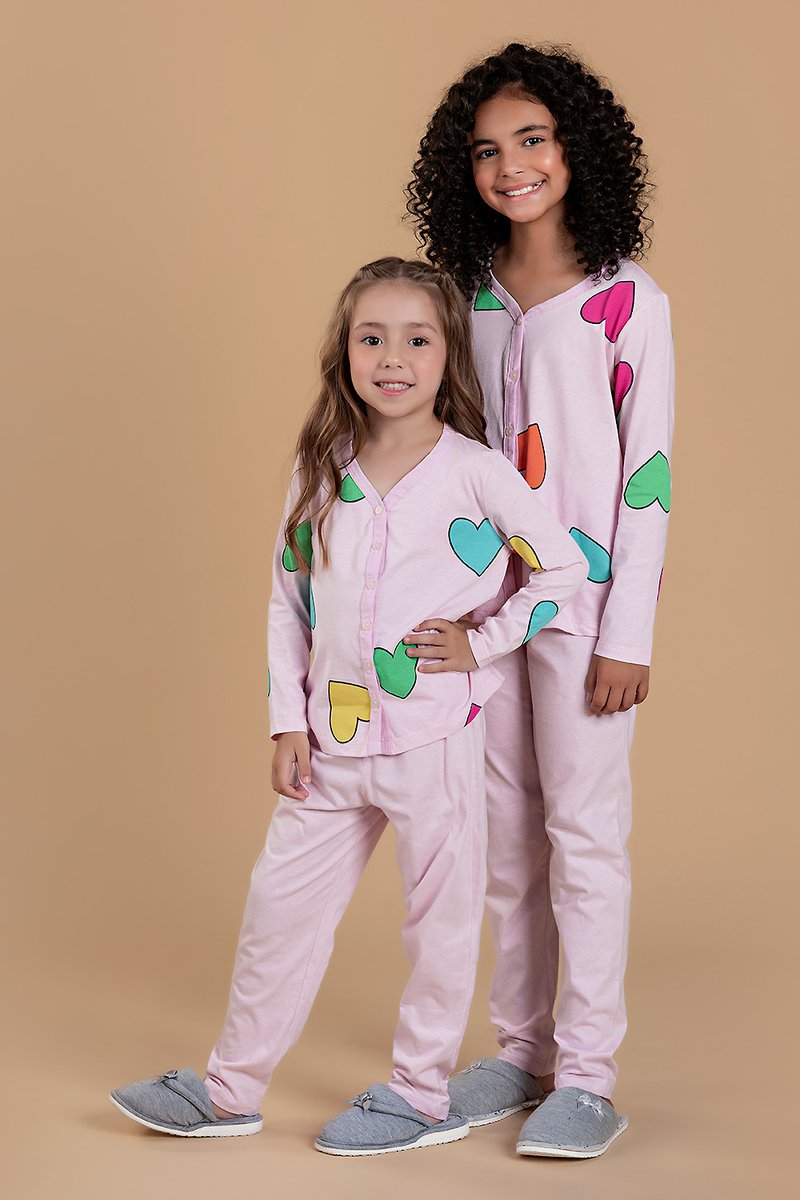 pijama feminino infantil abertura com botoes coracoes coloridos ad01 1