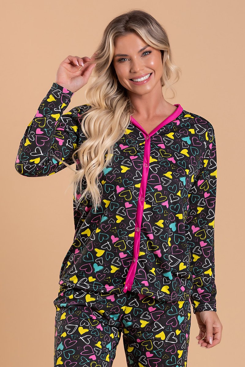pijama feminino coracoes coloridos abertura com botoes jc13 17 2