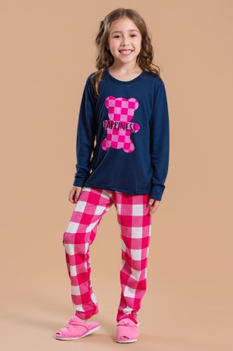 pijama infantil feminino urso xadrez toy3213 6